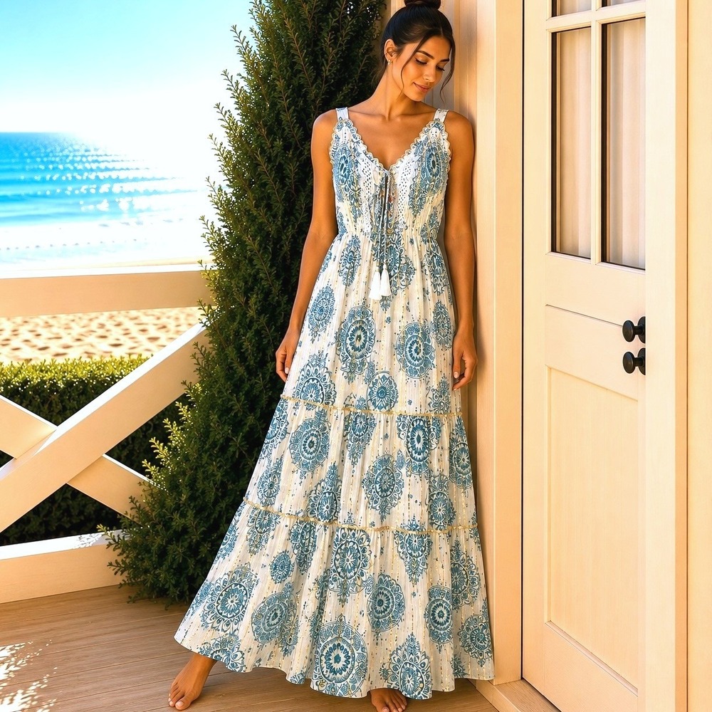 Anthropologie Refined Thread Large Maxi Dress Cottage Romantic Coquette Feminine